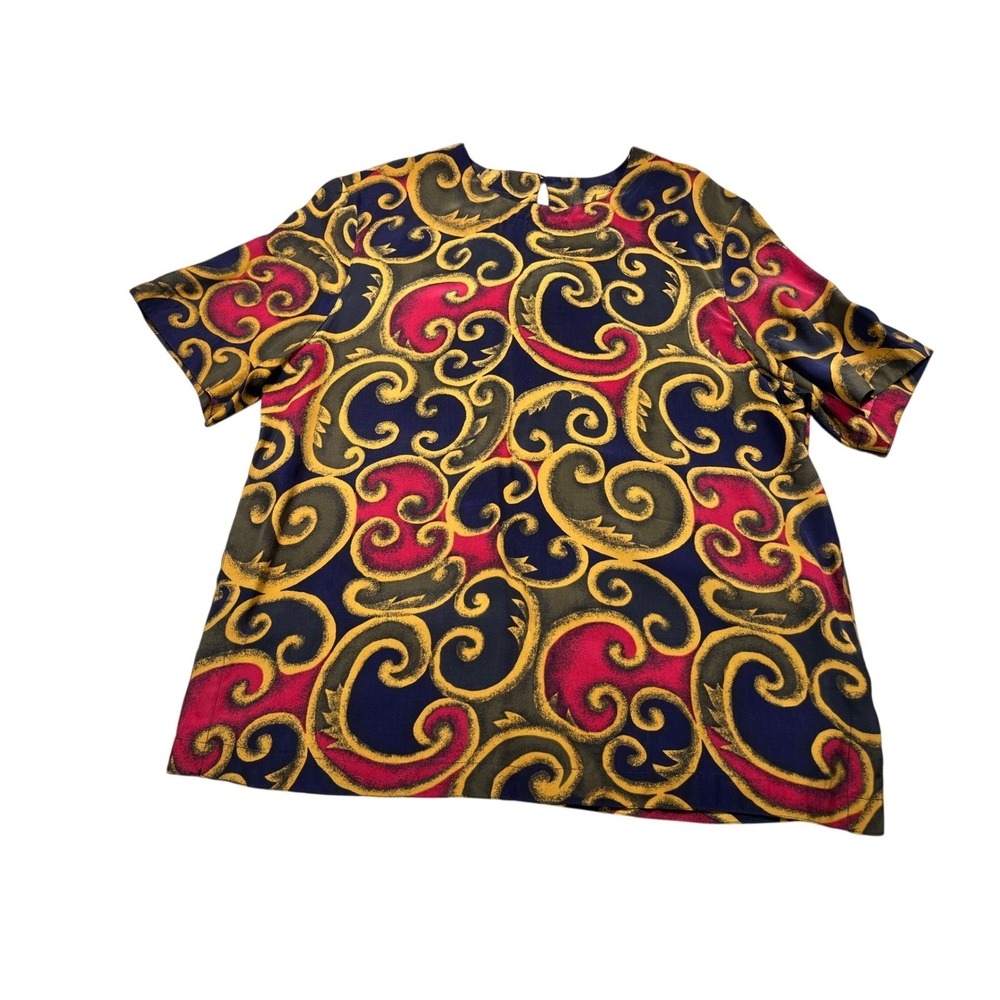 August Silk Vintage 100% Silk Blouse Large Abstract Baroque Swirl Print